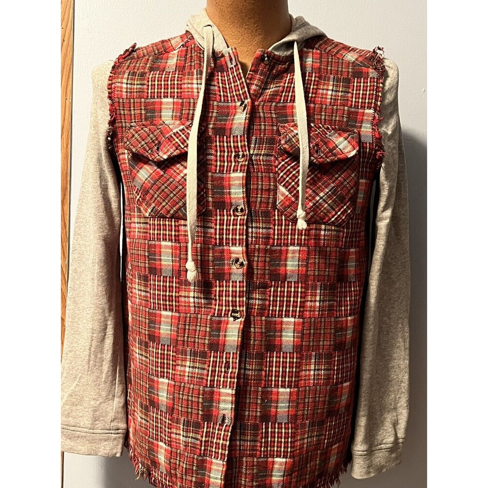 White Crow Red Plaid Hoodie Shirt M Buckle Brand Button Up Gray Knit Long Sleeve